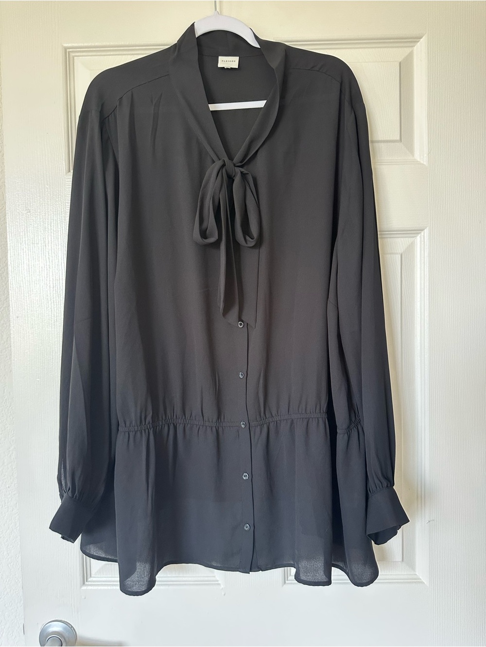 Pleione Tie Neck Button Down Long Sleeve Chiffon Long Blouse Shirt